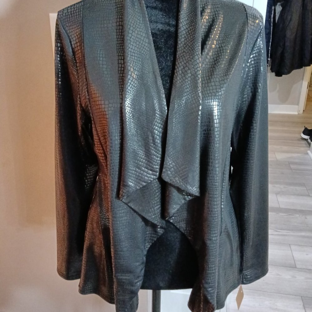 A new long sleeve black pleather snake skin look jacket .